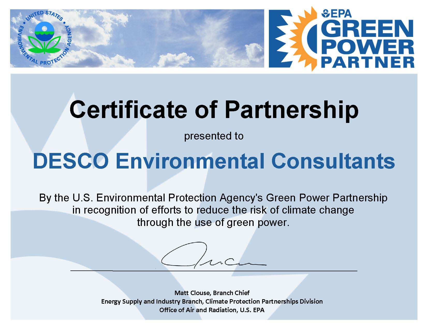 EPA Green Power Partnership - Desco Environmental Consultants, LP